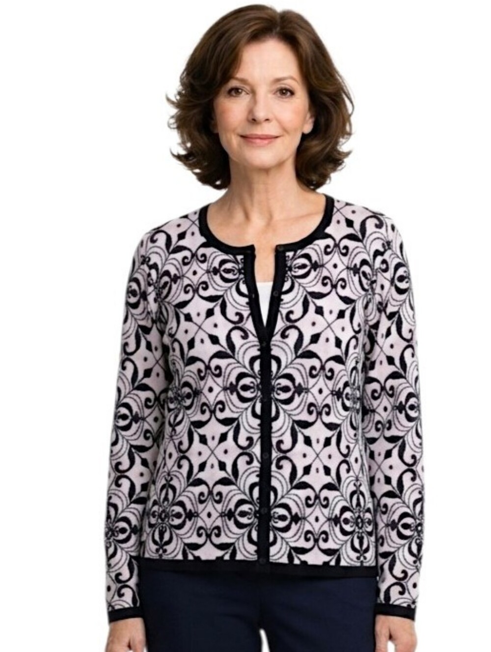 C&K Designs Pink & Navy Blue Pattern Button Down Cardigan Sweather Size XL